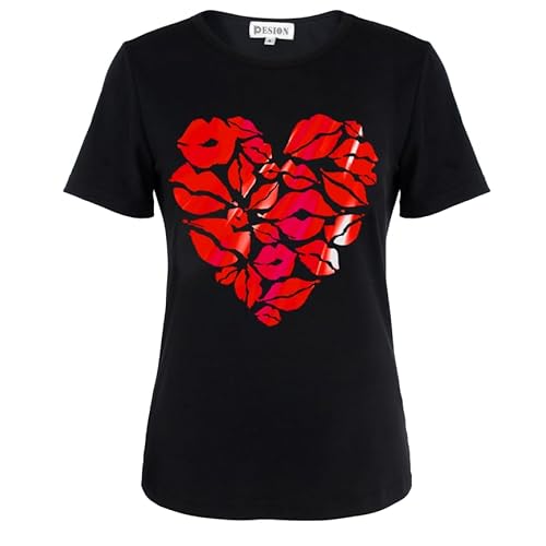 PESION Womens Short Sleeve T-Shirt Sequined Tops O-Neck Funny Graphic Tees Blouse Large Black+ Red Heart