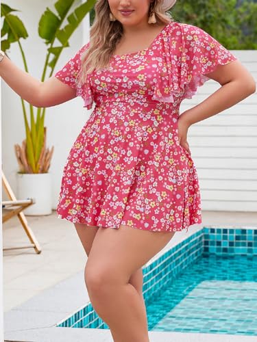 MakeMeChic Women's Plus Size 2 Piece Swimsuit Floral Flutter Sleeve Swim Top with Bikini Bottom Bathing Suits Set Hot Pink 2XL - Image 6