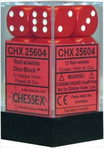 Chessex Manufacturing 25604 Opaque Red With White - 16 mm Six Sided Dice Set Of 12 by Chessex Manufacturing