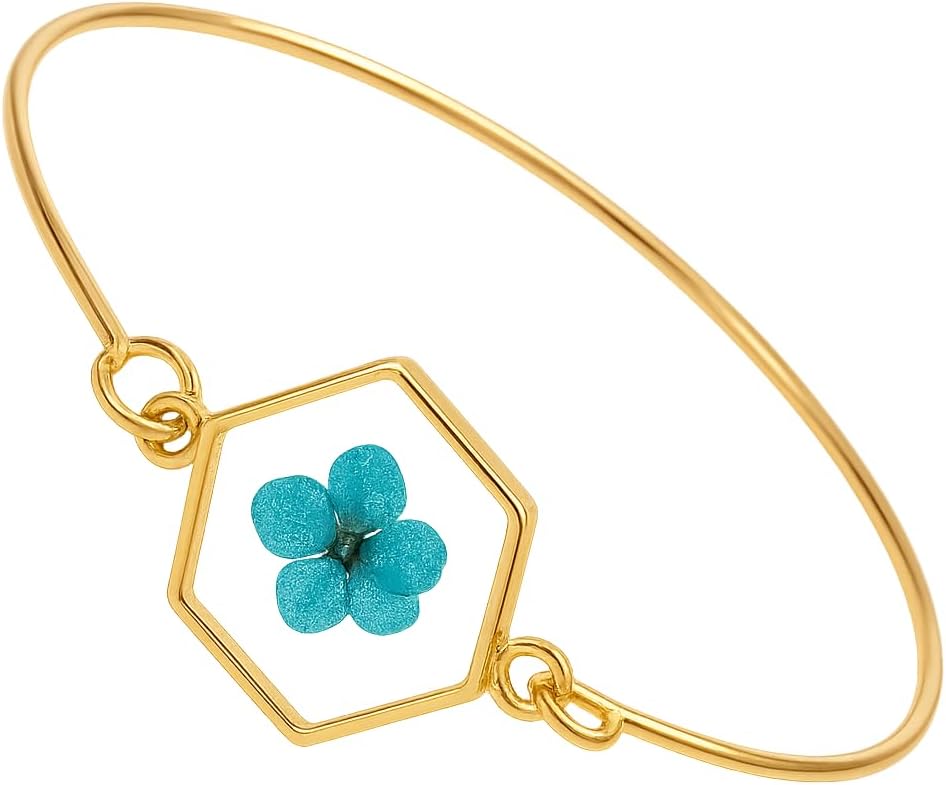 Isla & Wren Co. Pressed Flower Gold Bangle Cuff Bracelet, Gold-Tone Open Bangle, Dried Flower Accent - Metal 14K Jewelry Gift Quality Unique Blue Floral - Image 2