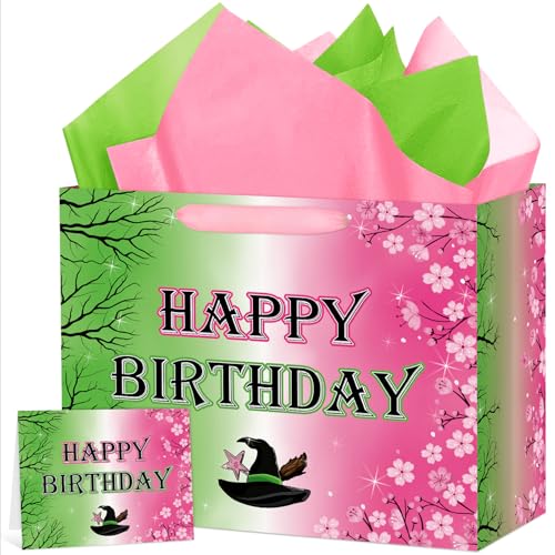 Abilat Witch Birthday Gift Bag with Tissue Paper and Greeting Card Large Pink and Green Musical Witch Crown Gift Wrapping Bag for Movie Theme Birthday Baby Shower Party Decorations Supplies