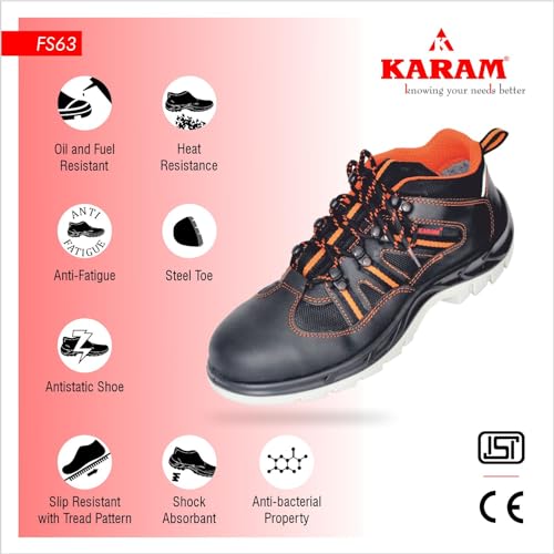 Image of Karam FS63 Buff Black Leather Sporty Safety Shoes for Men | Double Density with Steel Toe | Antislip, Oil & Heat Resistant