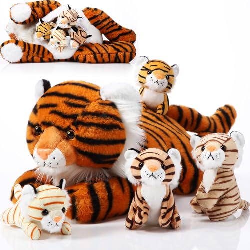 Juego de 5 Juguetes de Peluche de Tigre, 1 Animal de Peluche con 4 Lindos bebés de Peluche en el Vientre de mamá de Tigre de 16 Pulgadas, Regalos de cumpleaños, Recuerdos de Fiesta