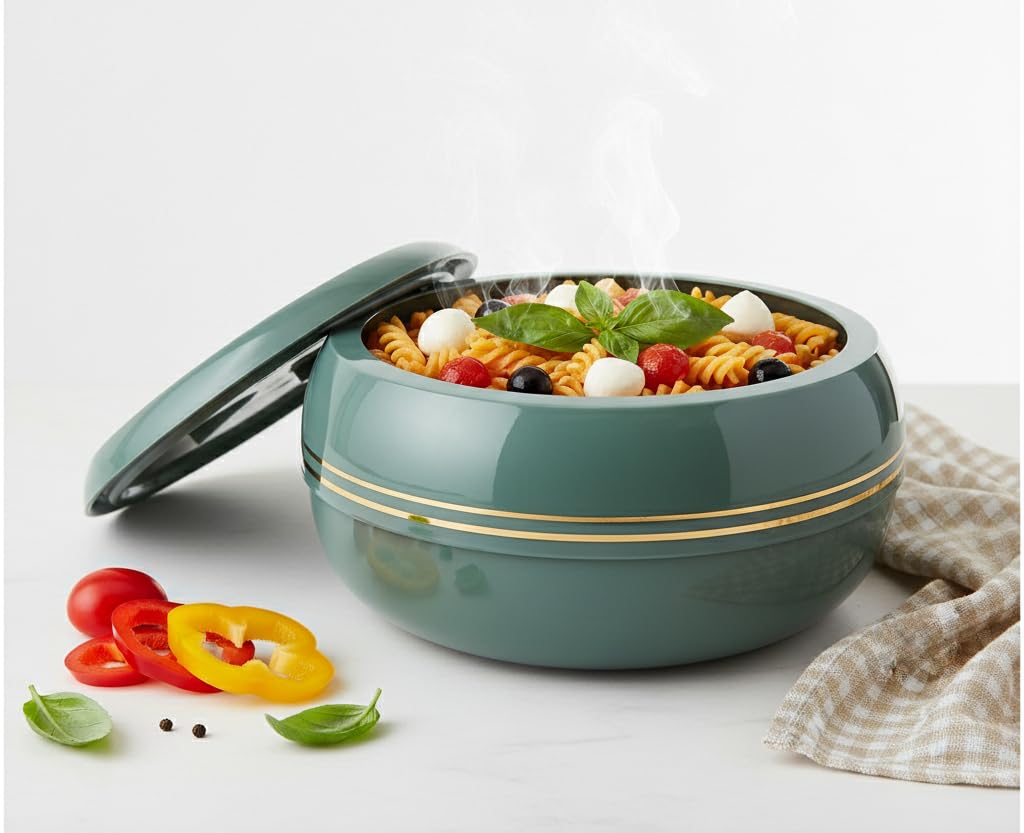 M1SS 3200ml Insulated Casserole Dish with Lid – Stainless Steel Double Wall Hot Pot & Cold Food, BPA-Free Thermal Serving Bowl with Locking Lid, Chrome Finish – Soup, Salad & Food Warmer (Peacock)