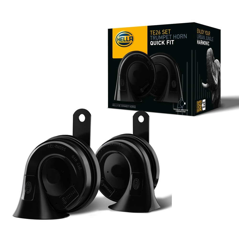 HELLA Trumpet Horn - OE-CONNECT HORN TE26 SET - 12V - 110dB(A) - Frequency range from: 400Hz - Frequency range to: 500Hz - High Tone/Low Tone - Electric - Quantity: 2 - 3FH 012 010-111