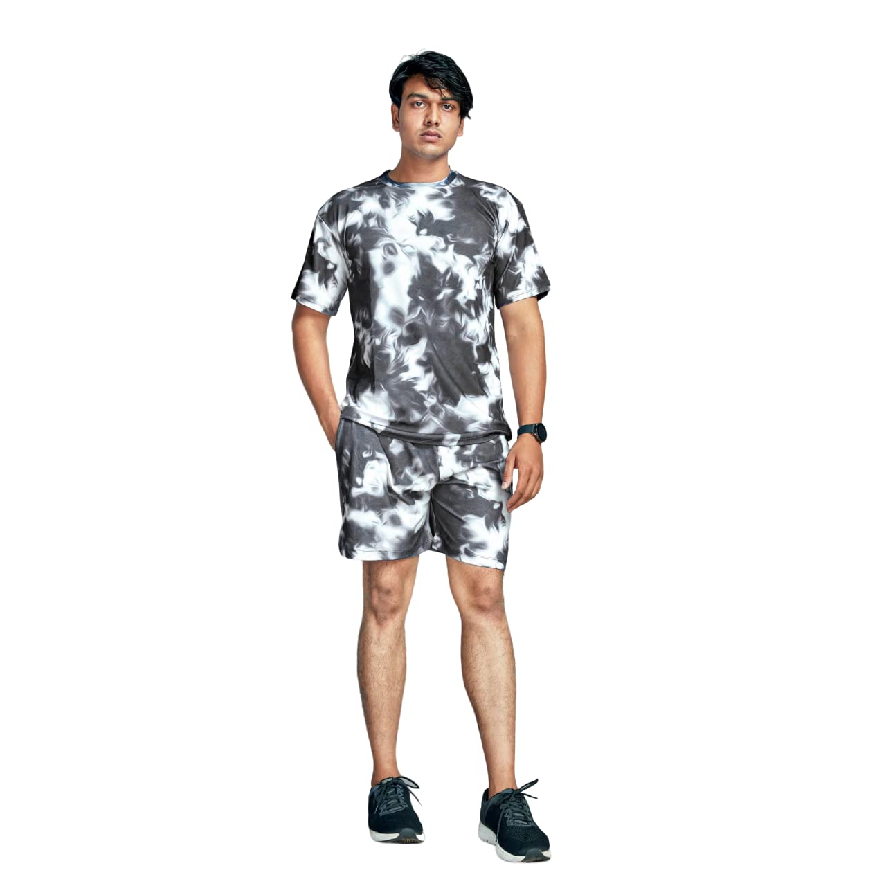 EIMEAR ENTERPRISE - Men's Soft Poly Lycra Digital Prined T-Shirts with Pajama Shorts Night Suit Set, BLACK, L