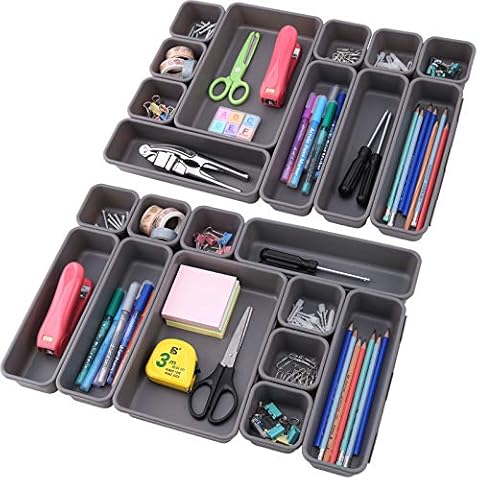 22 Pack Desk Drawer Organizer Trays with 3 Different Sizes,Multi-Purpose Desk Drawer Tray Organizer for Kitchen Bathroom Office Bedroom Craft,Gray Cover