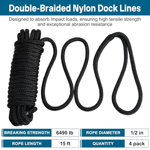 Image of 4 Pack 1 /2 inch x 15' Boat Dock Lines for Boat & Pontoon, Premium Marine- Grade Double Braided Nylon Dock Line, Pre-Spliced with a 12 inch Eyelet-Black,Boating Gifts for Men