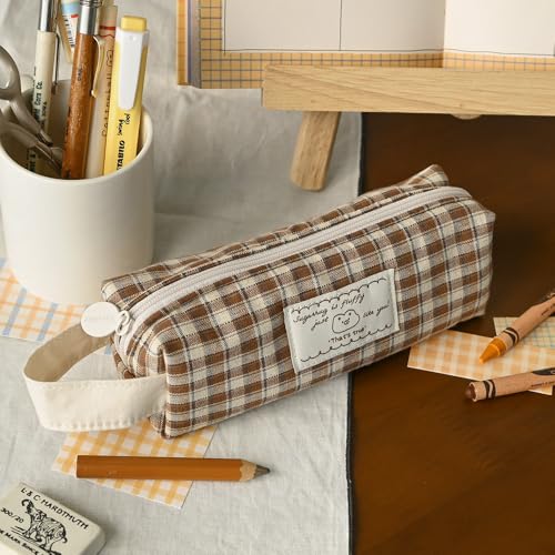 Image of Monolike Unmatched Friends Fabric Check Block Pencil Case, Vintage brown - Aesthetic Gingham Pastel Desk Organizer, Soft Padded Makeup Brush Case, Trendy Minimalist Stationery Pouch