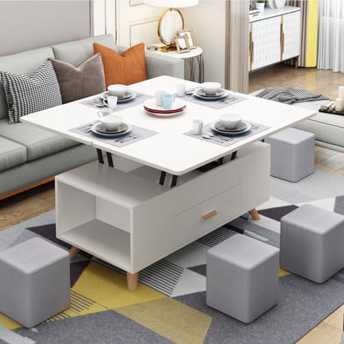 WEIDPHL Mesa De Centro con Tapa Elevable Doble, Mesa Multifuncional con Compartimento Oculto para Cajones, Mesa De Comedor Rectangular Extensible 3 En 1,Blanca,47in