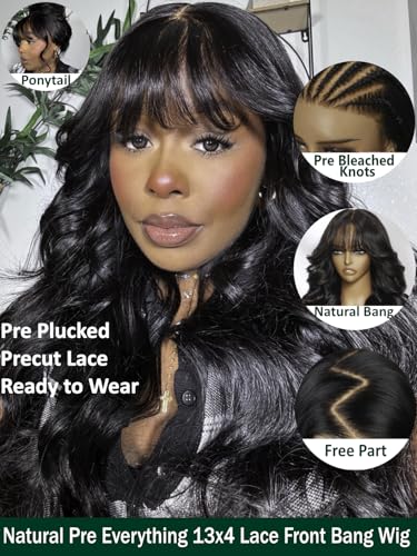 Image of KLAIYI Pre Everything Glueless 13x4 Lace Front Wigs Human Hair Loose Body Wave Bye Bye Knots Pre Cut Lace Pre Bleached Pre Plucked 30S Ready to Wear And Go Frontal Wig with Natural Curtain Bang 22Inch