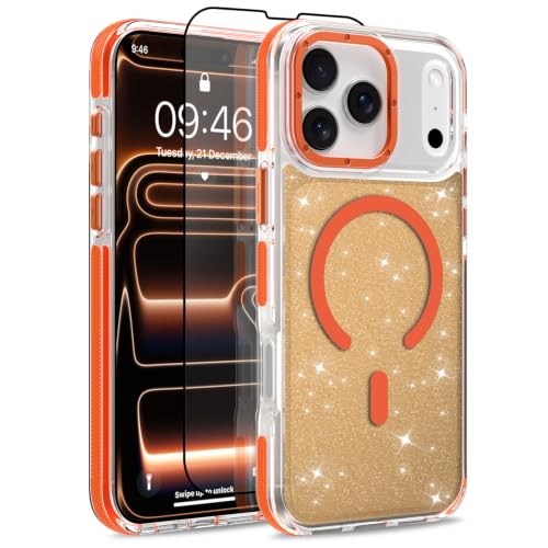 Image of Magnetic Case for iPhone 17 Pro Max [Compatible with Magsafe] [Bling Glitter Fluorescent Design] [1 Screen Protector] Slim Translucent Matte Case for iPhone 17 Pro Max 6.9 inch 2025, Orange