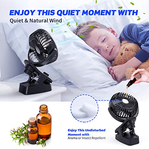 Battery Operated Clip on Stroller Fan – Portable Rechargeable Fan with Cooling & Refreshing Natural Wind, 5200mAh Battery, 140° Auto Oscillation for Baby Stroller, Beds, Desk, Camping, and Travelling