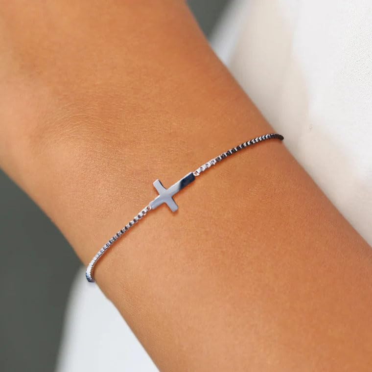 18K Gold Plated Sideways Cross Bracelets for Women Adjustable Stainless Steel Small Cross Chain Charm Faith Jewelry Religious Minimalist Gift3