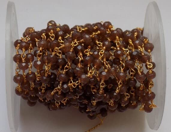 Chaîne quartz fumé et calcédoine chapelet avec fil plaqué or 24k de 5 pieds