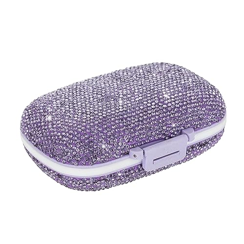 Image of Bling Travel Pill Organizer Cute Pill Box with Labels Rhinestone Pill Case for Purse Portable Daily Pill Container 7 Day Medicine Holder for Vitamin Supplement(Purple)