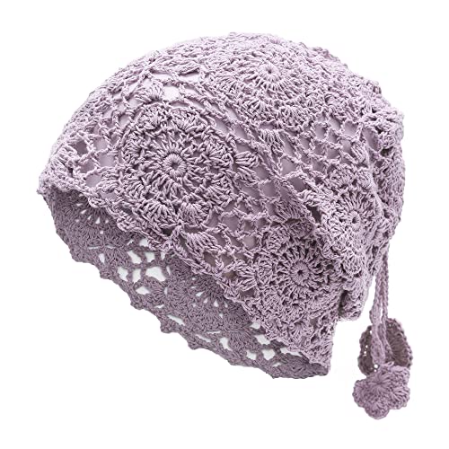 ZLYC Gorro Holgado de algodón para Mujer, Hecho a Mano, de Punto Recortado, para Verano, diseño Floral, Cola de Caballo Morada, Talla única