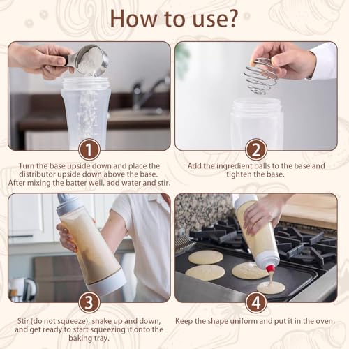 2 Packs of Pancake Batter Dispenser,1000ml Squeeze Pancake Dispenser | Mixer Bottle with Stainless Steel wire Ball,Suitable for Pancakes Crepes Waffle Muffins Qatayef Cupcak - image 4