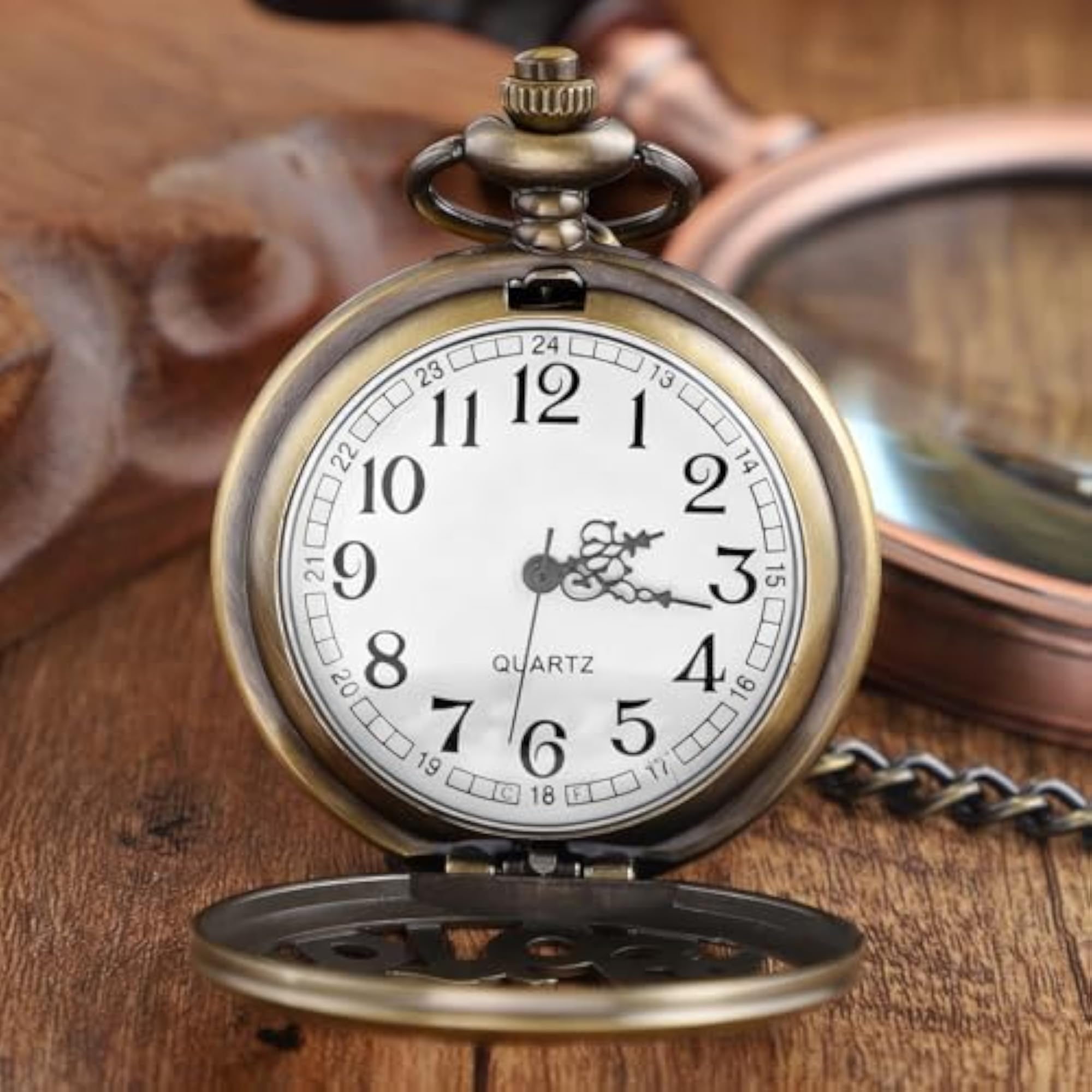 Bronze Hollowed-Out Number Ring Quartz Pocket Watch