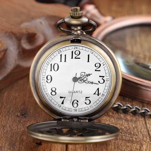 Montre de poche à quartz pour homme rétro bronze avec cadran blanc classique