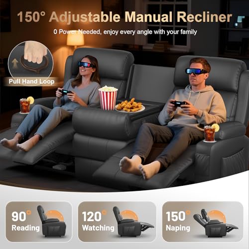 Image of Loveseat Recliner Sofa, Home Theater Seating with Massage, 3 Seat Reclining Loveseats with Flip Backrest, Wall Hugger RV Couch Theater Chairs, RV Furniture Sofas with USB, Cup Holders for Gaming Room