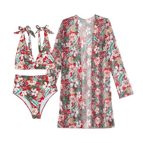 Bikinis Mujer 2025 con Bikini para Mucho Pecho Sexy Multi Color Multi Tamaño Floral Tendencia Impresión Bloqueo Bikini Piezas Tallas Grandes Traje De Bikinis Mujer Braga Alta con Braga (Red L)