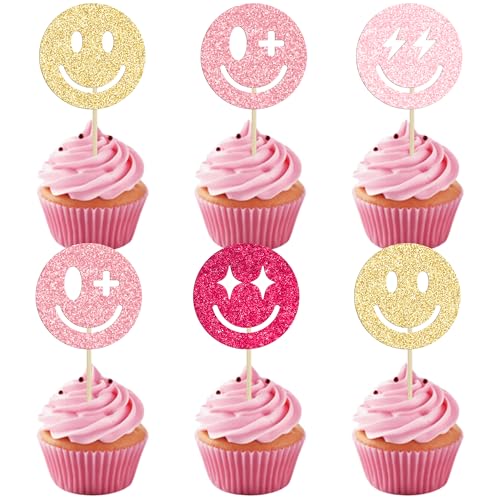Ephlyn 24Pcs Smile Face Cupcake Toppers Glitter Cut Face Cupcake Picks Smile Cupcake Toppers For Baby Shower Birthday Party Cake Decorations Supplies Pink
