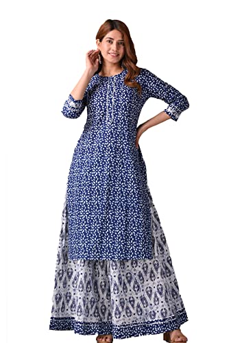 Image of KANNAHI Women Pure Cotton Blue and Rust Ethnic Motif Ajrakh Handblock Printed Kurta Set