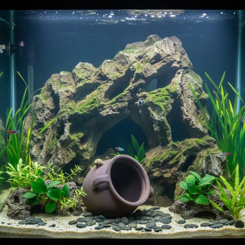 Image of AnRui Ceramic Jar Aquarium Ornament Decor Natural Clay Vase Betta House Hideout Cave Pot Fish Tank Decorations Accessories for Cichlid, Small Fish, Shrimp to Play Hide Breed Habitat, Large