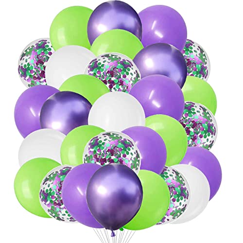 Image of We Moment 12 Inch Purple, Light Green, White Balloons with Chrome Metallic Purple Balloon and Confetti, 50pcs, for Baby Shower Boys' Birthday Party Decoration