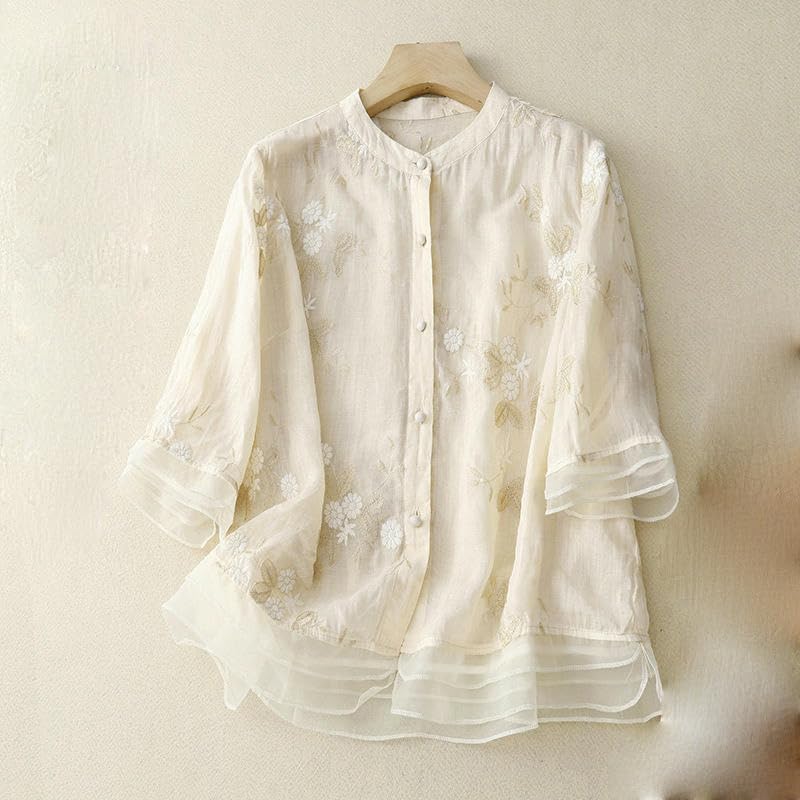 Chemisier rétro femme chemise brodée patchwork organza