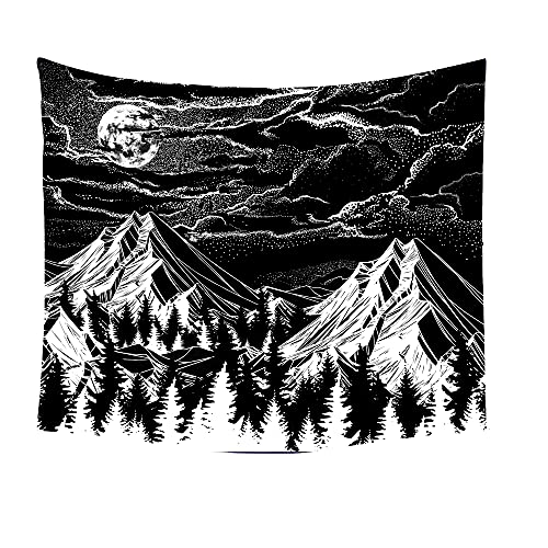 KamaLove Black and White Mountains Tapestry Moon and Clouds Psychedelic Trippy Tapestries Nature Art Home Decor Starry Forest Aesthetic Small Mountain's Wall Hanging for Bedroom (59.1 x 82.7 inches)