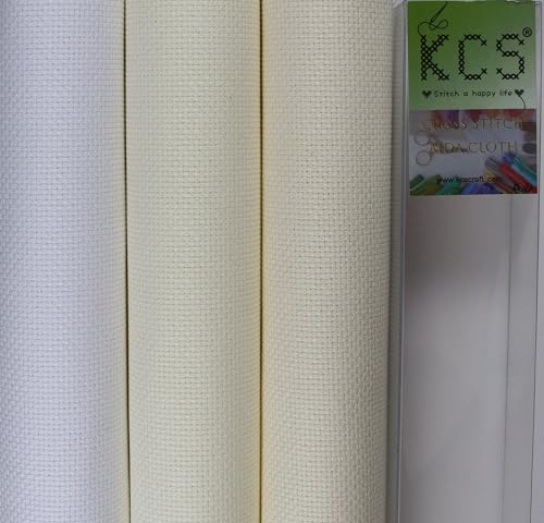 Image of KCS 3 pc of 15 inch x 18 inch(38cmx45cm) Counted Cross Stitch Cotton Aida Cloth Needlework Rolled Fabric Box,16CT,White+Antique White+Cream