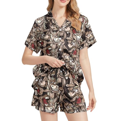Image of Funny Pajamas for Women Set Print Satin Loungewear Pjs Short Sleeve Button Down Top and Shorts Sets Sleepwear XS-3XL