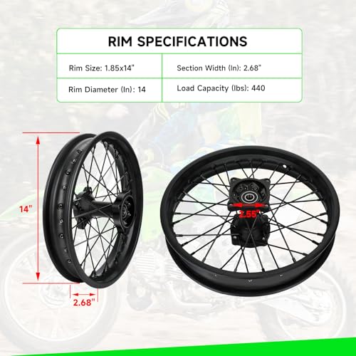 XIKOBY 1.85x14 Rear Dirt Bike Rim Assembly Fit 90/100-14 3.00-14 Wheel Compatible with KLX125 KX85 TTR125 YZ80 RM80 Taotao DB17 SR150 DR90, 14 Inch Rear Wheel Rim with 12mm Bearing Motorcycle Parts