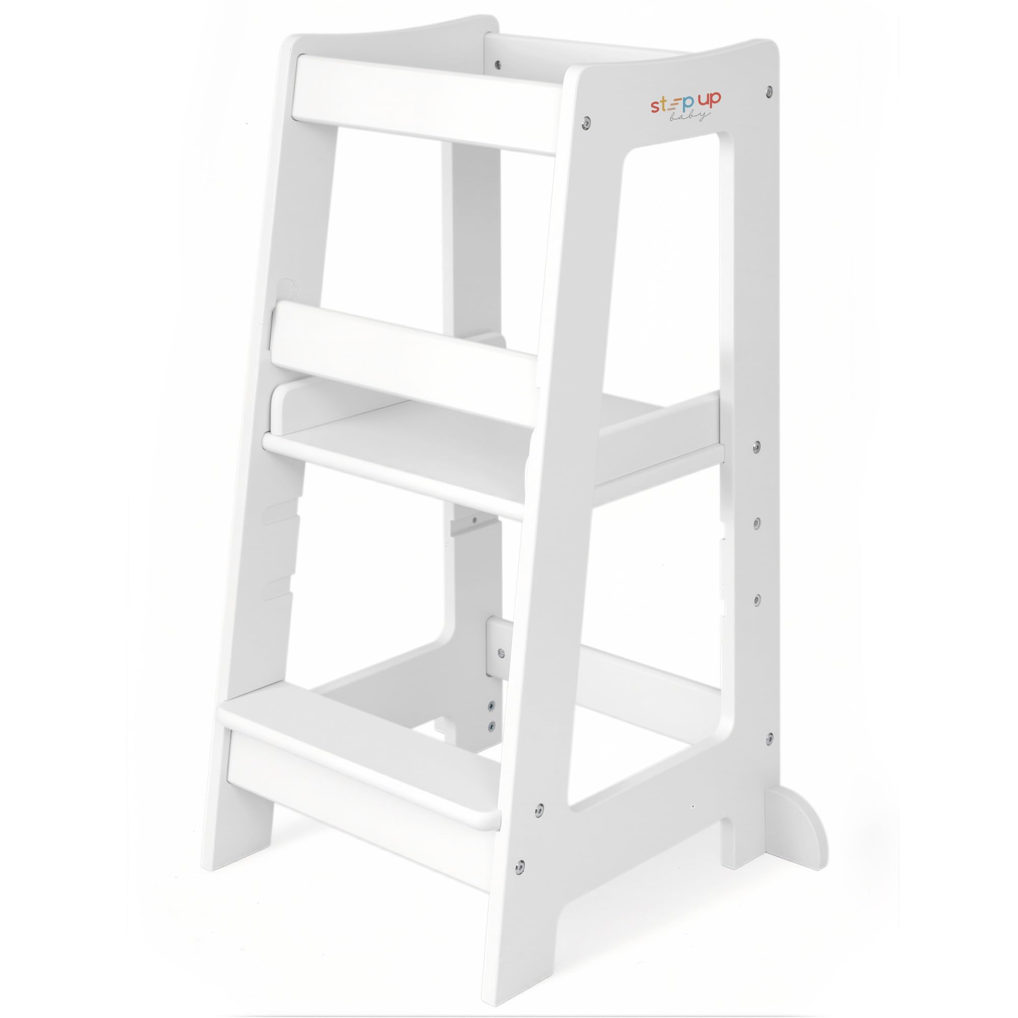 Stepup Baby Toddler Tower with Adjustable Step, White Montessori-Inspired Toddler Step Stool, Standing Tower for Kids, Fits Under Kitchen Counters, Adjustable for 18 Month - 5 Years