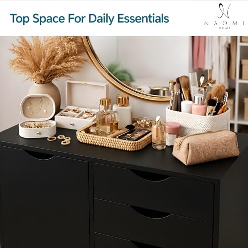 Image of Naomi Home Rolling Storage Cabinet with 5 Drawers & Side Cabinet, Engineered Wood Organizer with Shelves, Handle-Free Design & Swivel Casters for Home Office, Kids Room & Entryway - Black