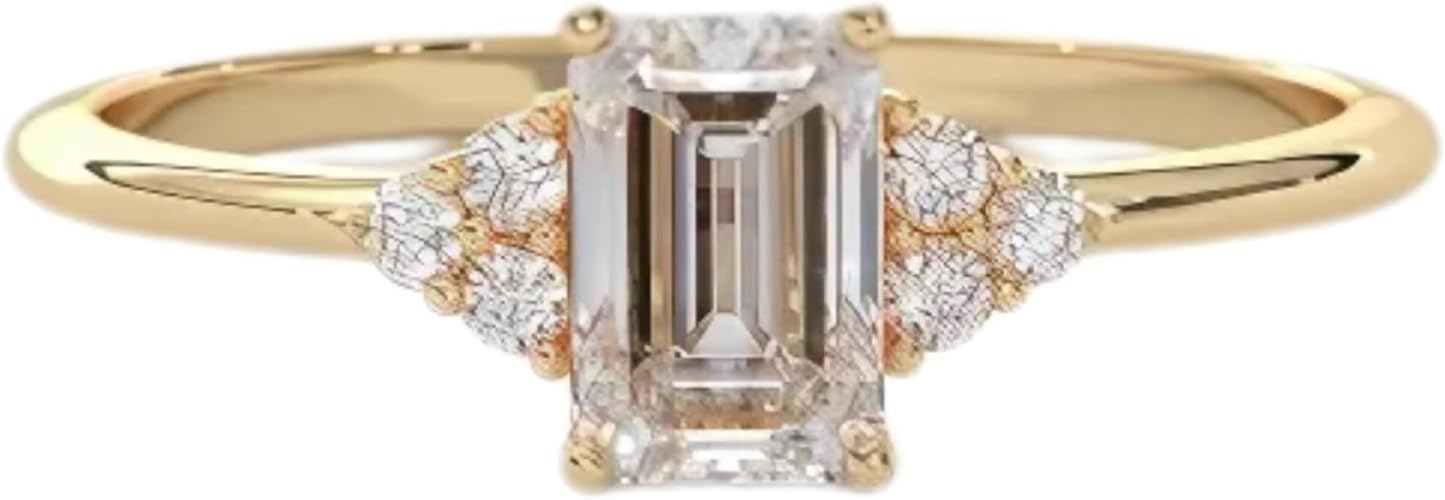 14K Gold Stacking Diamond Ring Delicate Jewelry Gift, 2 CT Solid Gold Emerald Cut Engagement Ring – Cluster Accents Thin Band, Gift For Her,Size 3-12 (USA)