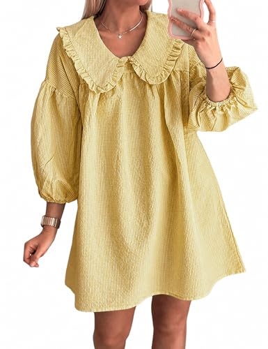 Image of Ynhonra Women's Gingham Mini Dress 3 /4 Puff Sleeve Babydoll Doll Collar
