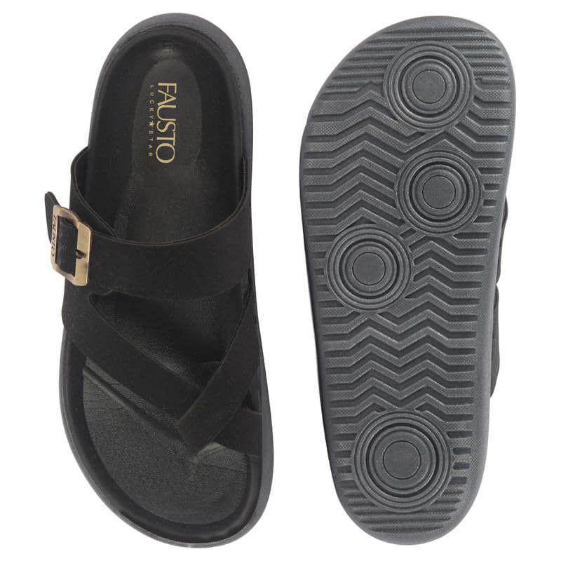 Image of FAUSTO Men Toe Ring Criss Cross Buckle Strap Side Stitched Waterproof Summer Slip On Sandals|Comfort Sole|Lightweight Slippers for Rainy Monsoon Season
