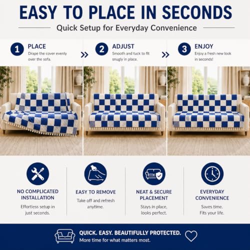 Image of Velvet Quilted Sofa Cover for 4 Seater (92 x 60 Inches) | Blue Check | Anti-Slip Soft Washable Sofa Seat Cover | Furniture Protector with Tassels
