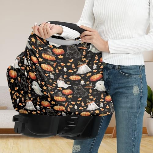Image of Wanyint Infant Car Seat Cover Stretchy Nursing Scarf Car Seat Canopy Shopping Cart High Chair Cover Protect Babies Breastfeeding Mothers Halloween Decor, Witch Hat Ghost Black Cat Pumpkin