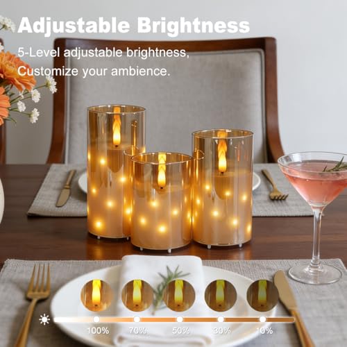Image of LEDHOLYT Rechargeable Glass LED Flameless Candles, Embedded Star String Flickering Flameless Candles for Romantic Ambiance and Home Decoration with Remote & Timer(Gold)