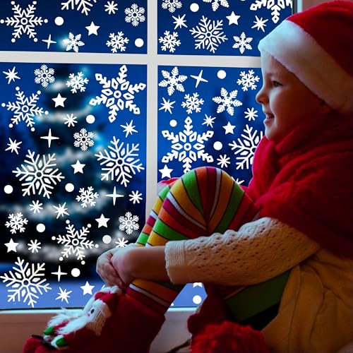 Haus Projekt Pegatinas para ventanas de Navidad, 184 decoraciones individuales para ventanas de Navidad, 5 hojas de escena navideña con copos de nieve y estrellas, calcomanías reutilizables