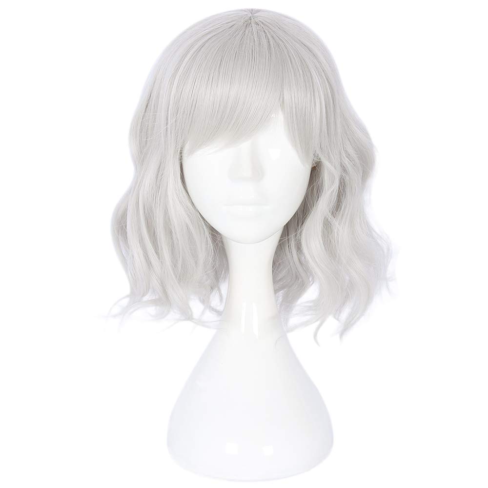 14" Women Short Bob Wig with Bangs Curly Wavy Harajuku Synthetic Cute Daily Halloween Party Cosplay Hair(silver ) - silver white