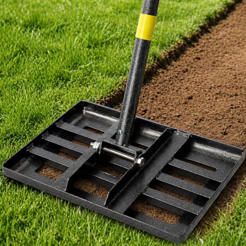 Lawn Leveling Rake – 17”x10”Heavy Duty Stainless Steel Lawn Leveler with 28”-72” Adjustable Handle, Anti-Flip Smooth Edge for Top Dressing Soil, Yard, Garden Lawn Care Tool