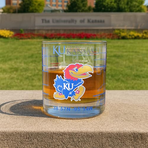 Image of Greenline Goods - University of Kansas Jayhawks College Whiskey Glasses (Set of 2), 10 oz - Full-Color Logo + Campus Map
