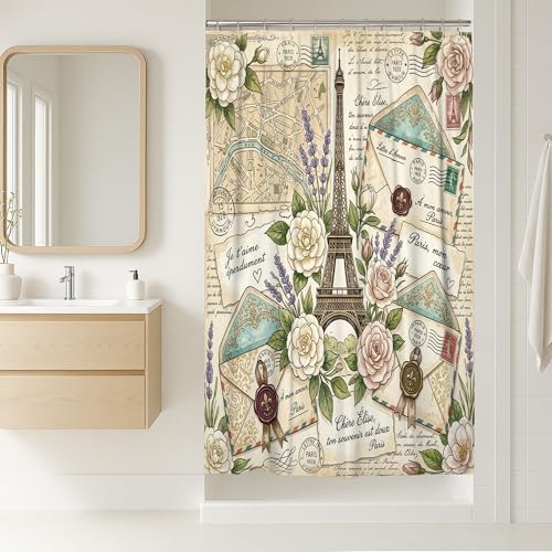 Paris Tower Stall Duschvorhang, Vintage, romantisch, Blumen, Buchstaben, Frühlingscreme, wasserdicht, Stoff, Klauenfuß, Badewanne, Duschvorhänge für Badezimmer, Badewanne, Wohnungsdekoration, 91,4 x