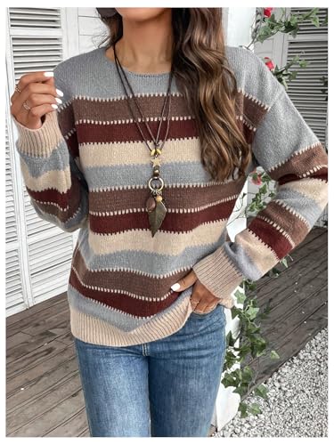 Image of BEAUDRM Women's Striped Sweater Color Block Crew Neck Boho Sweater Long Sleeve Knitted Weatern Jumper Tops Multicolor Medium