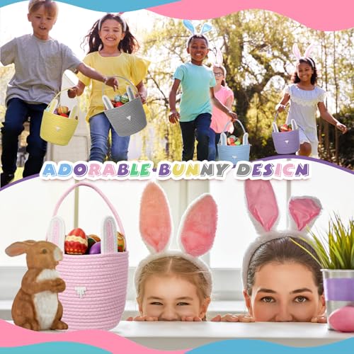 Image of Beeveer 6 Pack Easter Baskets with Handle Woven Bunny Egg Hunt Basket with Rabbit Ears Print Bags Empty Easter Treat Bag Cotton Woven Egg Box for Gifts Party Decorations Favors(Multicolor)